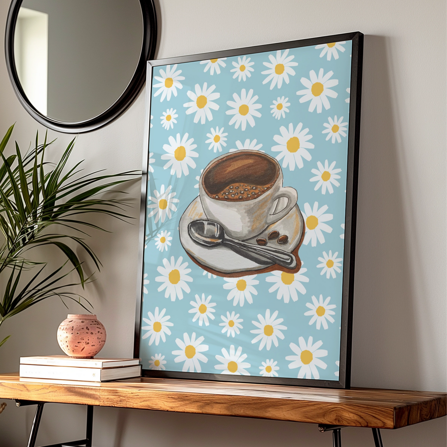 Maximalist Coffee Cup Daisy Poster, Retro Floral Kitchen Wall Art, Blue Espresso Print