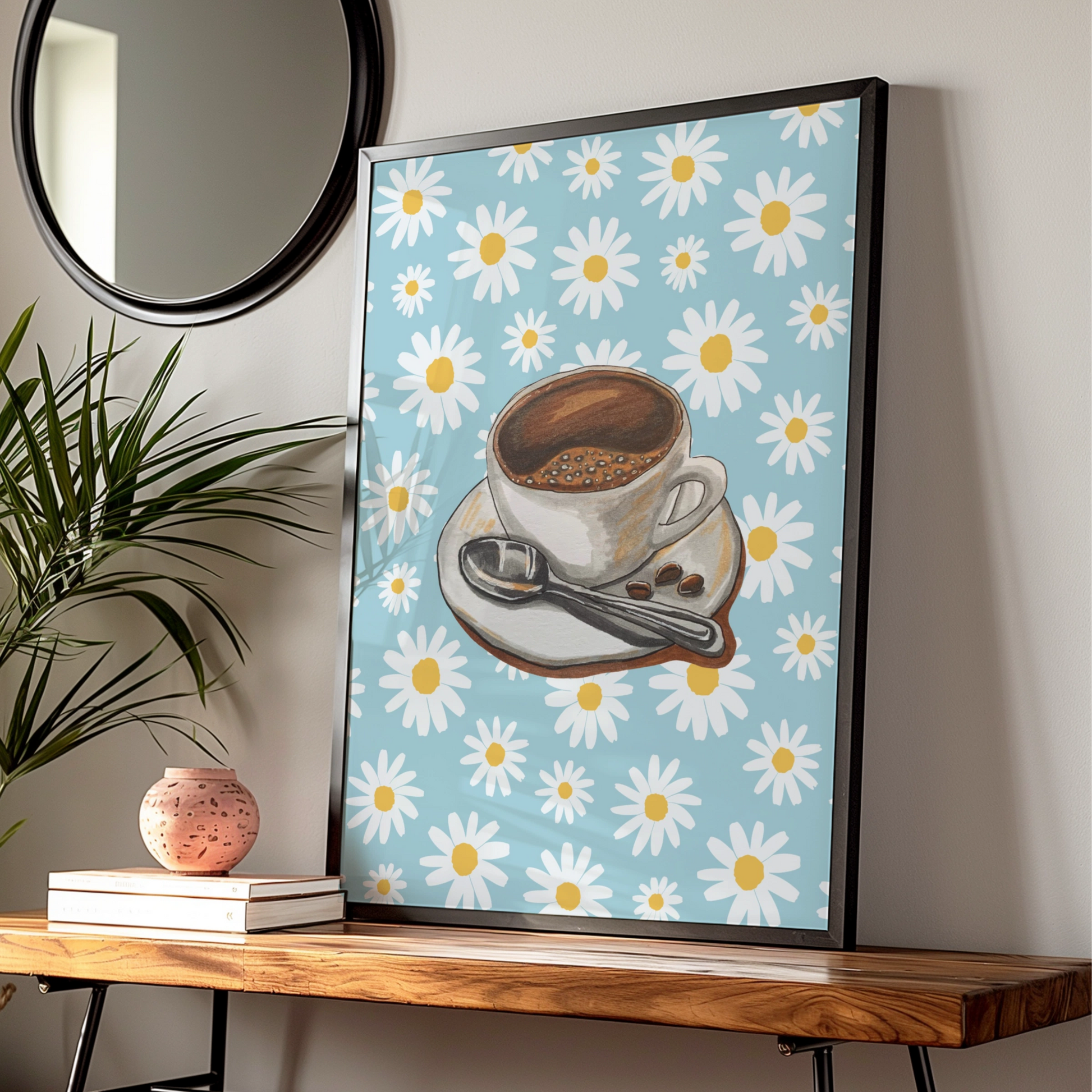 Maximalist Coffee Cup Daisy Poster, Retro Floral Kitchen Wall Art, Blue Espresso Print