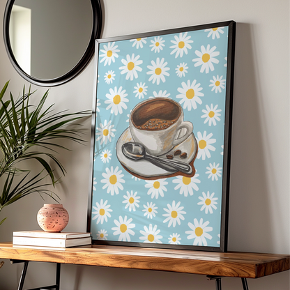Maximalist Coffee Cup Daisy Poster, Retro Floral Kitchen Wall Art, Blue Espresso Print