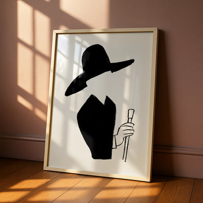 Halloween Witch Poster, Black Silhouette Art Print, Spooky Wide Brim Hat Wall Art