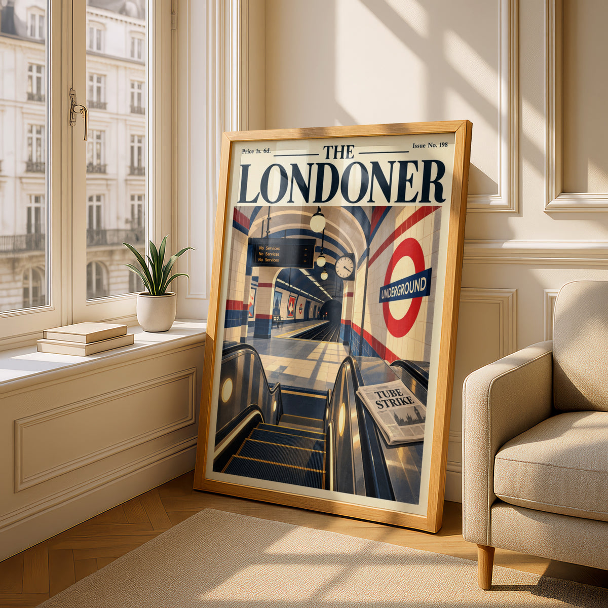 London Tube Station Poster, Retro Magazine Cover Wall Art, Escalator Illustration, Transport Print