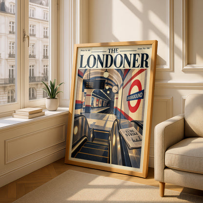 London Tube Station Poster, Retro Magazine Cover Wall Art, Escalator Illustration, Transport Print