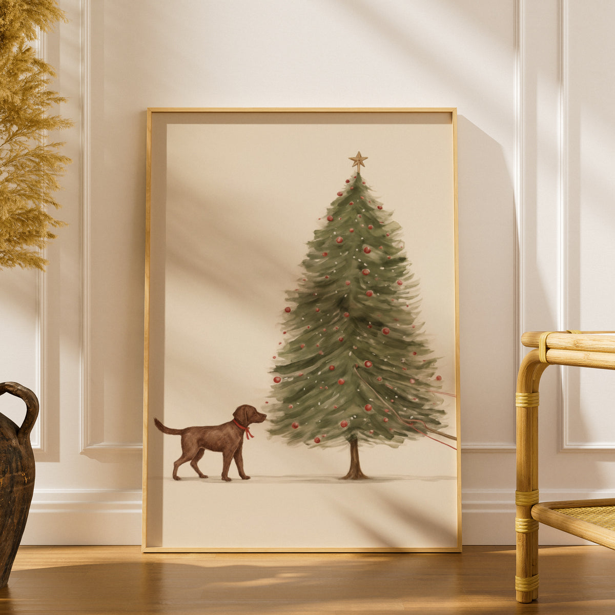 Chocolate Labrador Christmas Tree Poster, Festive Dog Wall Art, Vintage Style Holiday Art Print