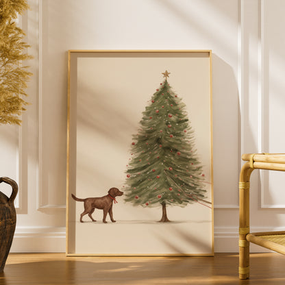 Chocolate Labrador Christmas Tree Poster, Festive Dog Wall Art, Vintage Style Holiday Art Print