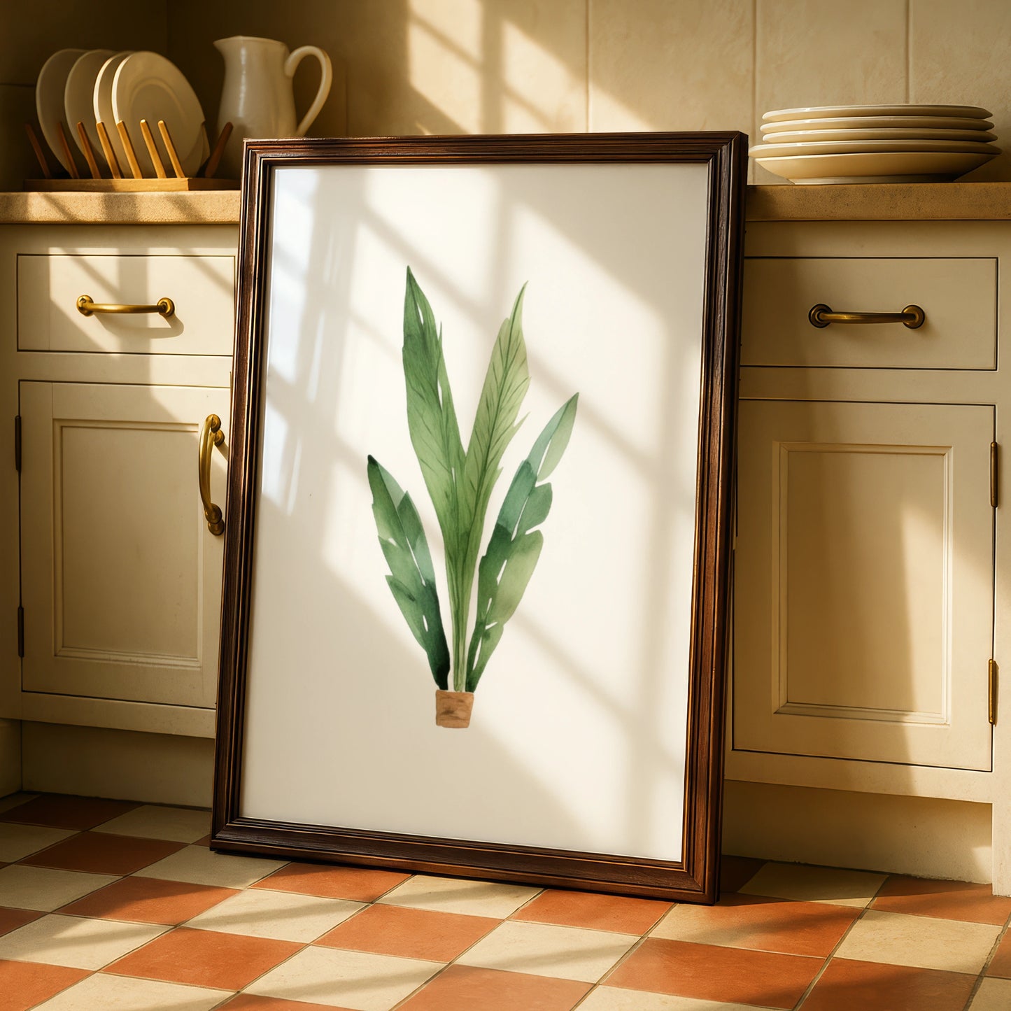 Nursery Wall Art Green Plant Poster, Watercolour Tropical Leaves, Baby Room Decor Print