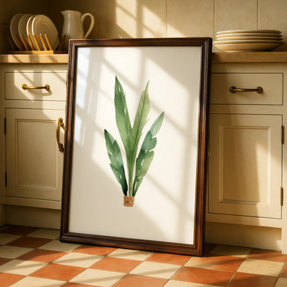 Nursery Wall Art Green Plant Poster, Watercolour Tropical Leaves, Baby Room Decor Print
