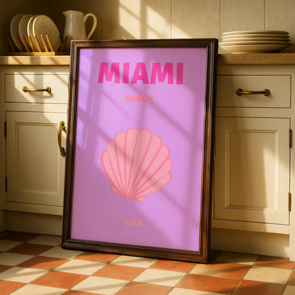 Miami Beach Travel Poster, Florida USA Wall Art, Retro Pink Coastal Print, Seashell