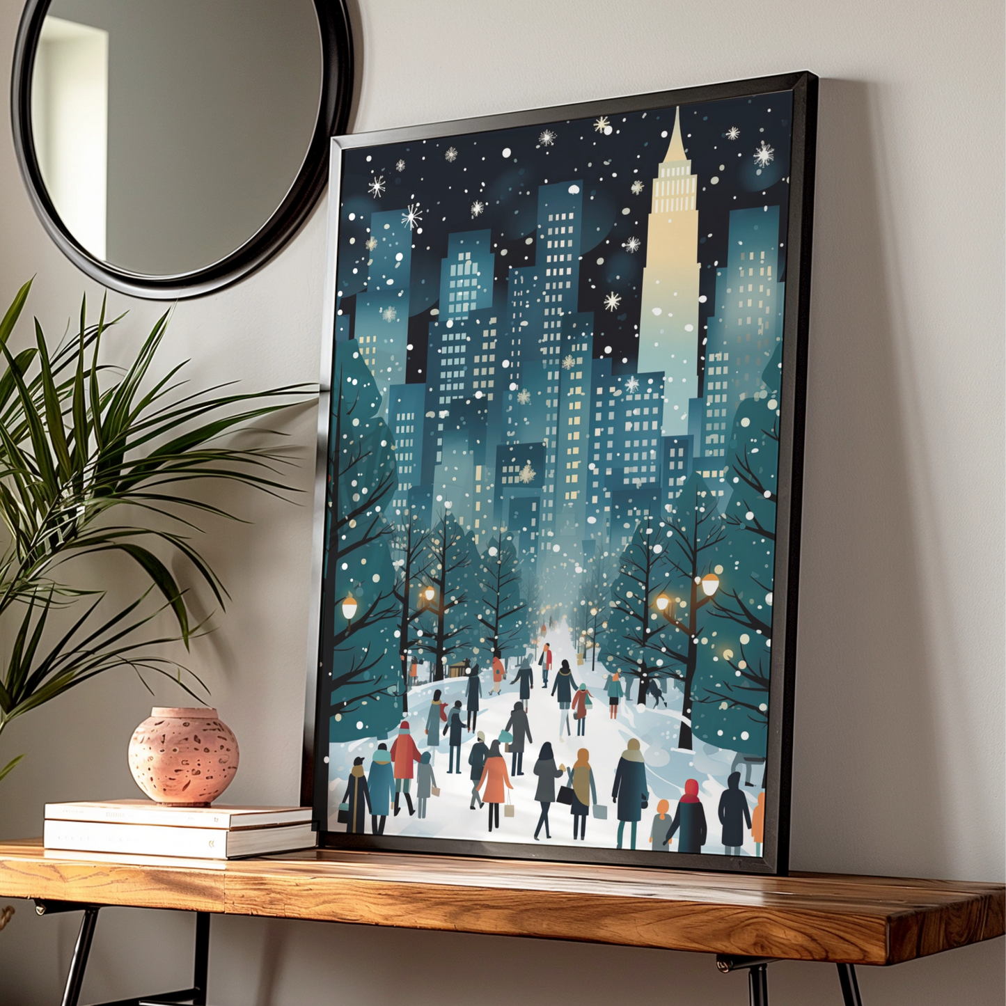 Christmas New York City Poster, Winter Snowy NYC Skyline Art, Festive Holiday Wall Decor Print