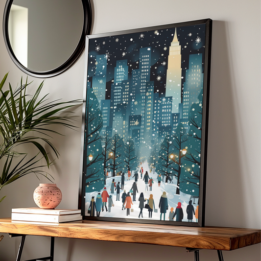 Christmas New York City Poster, Winter Snowy NYC Skyline Art, Festive Holiday Wall Decor Print
