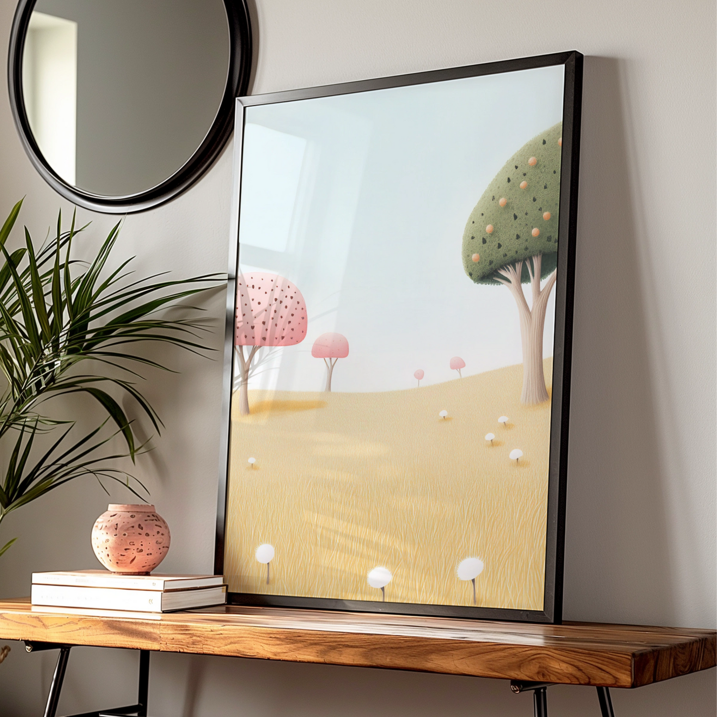 Whimsical Tree Nursery Wall Art, Pastel Meadow Print, Kids Room Poster, Baby Decor