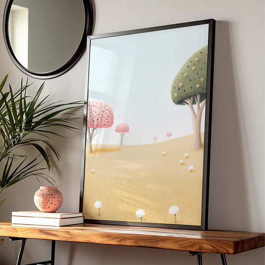 Whimsical Tree Nursery Wall Art, Pastel Meadow Print, Kids Room Poster, Baby Decor