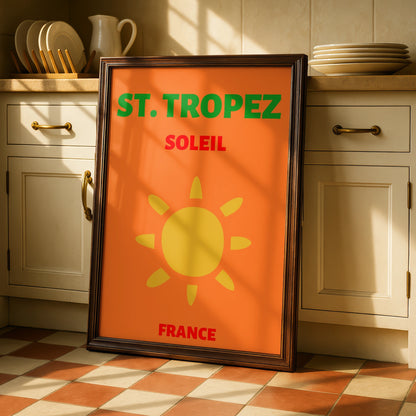 St Tropez Travel Poster, France Wall Art, Retro Sun Print, French Riviera Decor