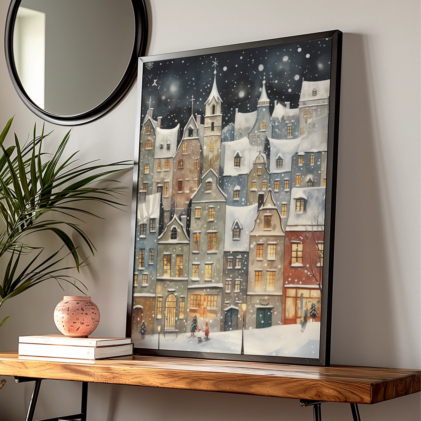 Christmas Village Poster, Snowy Winter Town Wall Art, Festive Holiday Night Scene Print