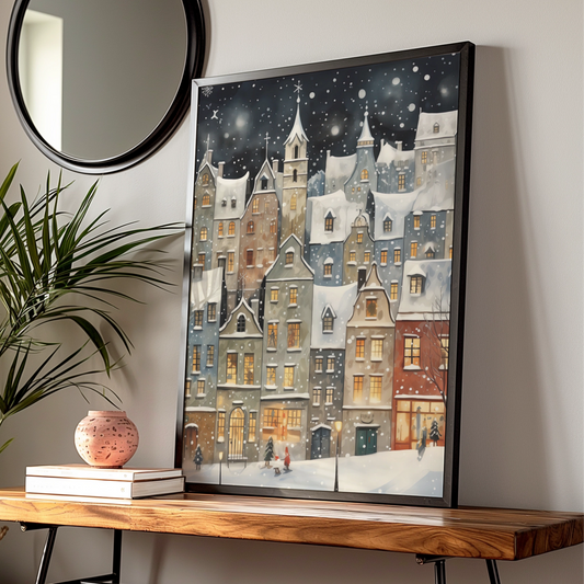 Christmas Village Poster, Snowy Winter Town Wall Art, Festive Holiday Night Scene Print