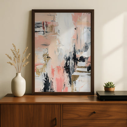 Abstract Monochrome Wall Art, Pink Black Gold Brushstroke Print, Modern Gallery Poster
