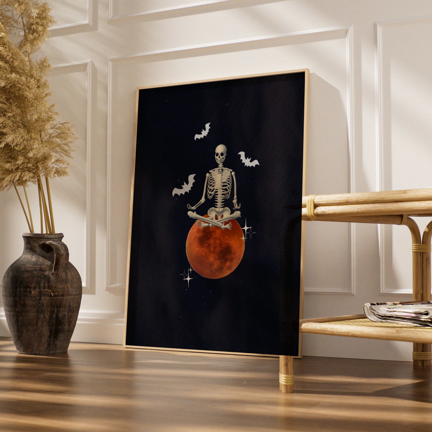 Halloween Skeleton Meditation Poster, Blood Moon Bat Wall Art, Spooky Gothic Print