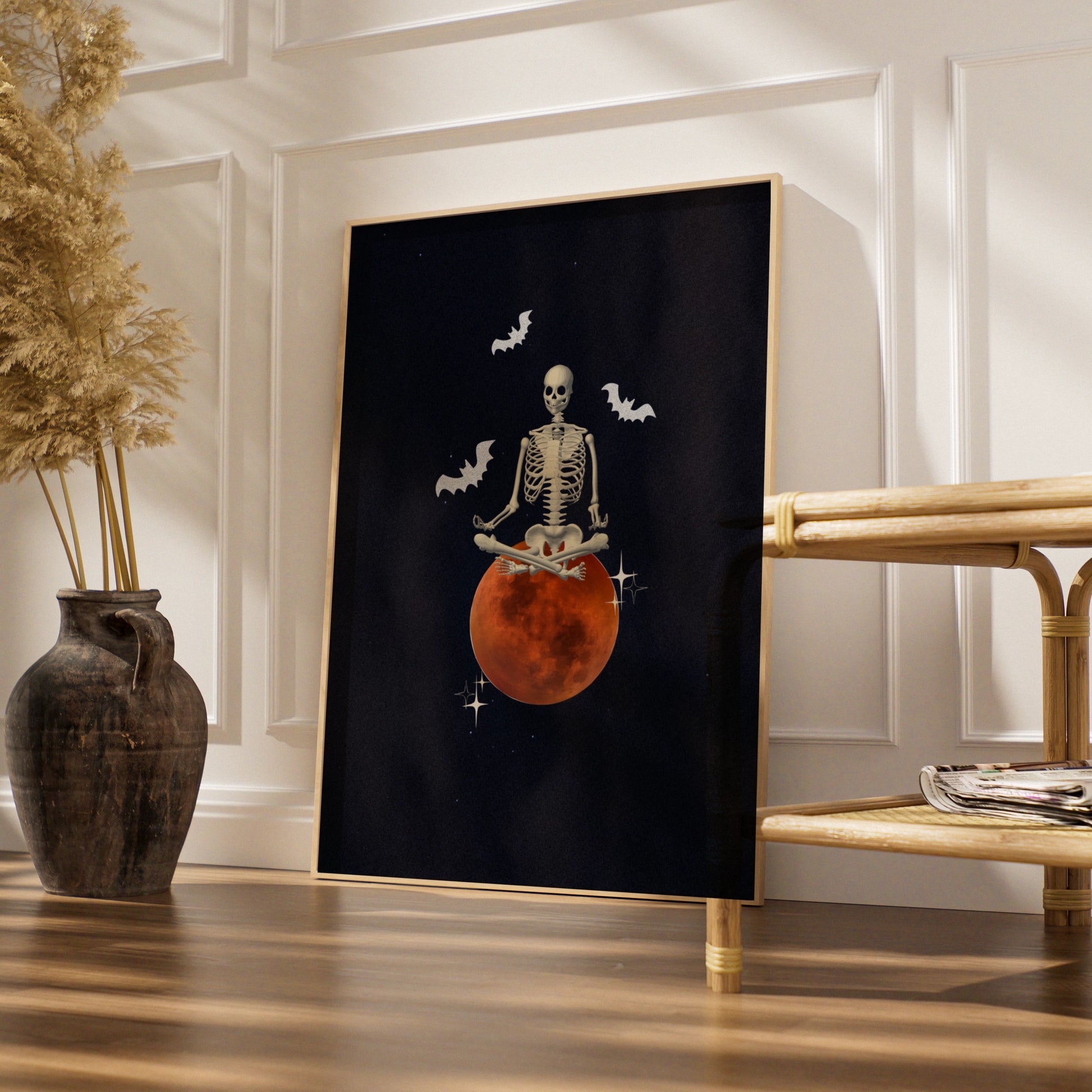 Halloween Skeleton Meditation Poster, Blood Moon Bat Wall Art, Spooky Gothic Print
