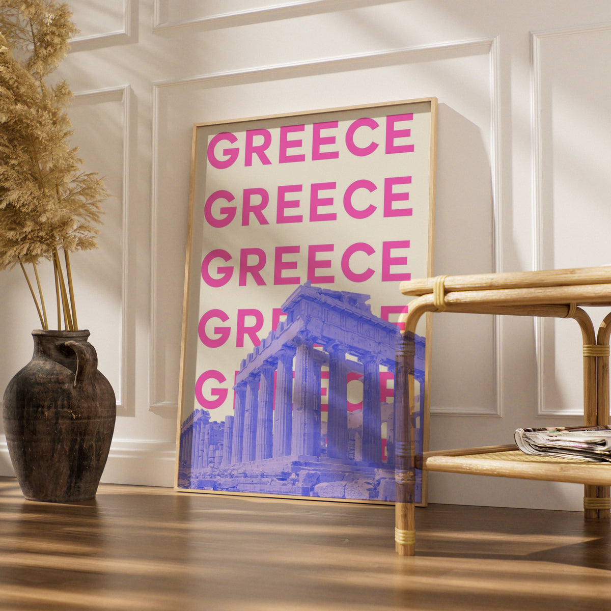 Greece Travel Poster, Athens Parthenon Wall Art, Retro Greece Print, Bold Pink Modern Decor