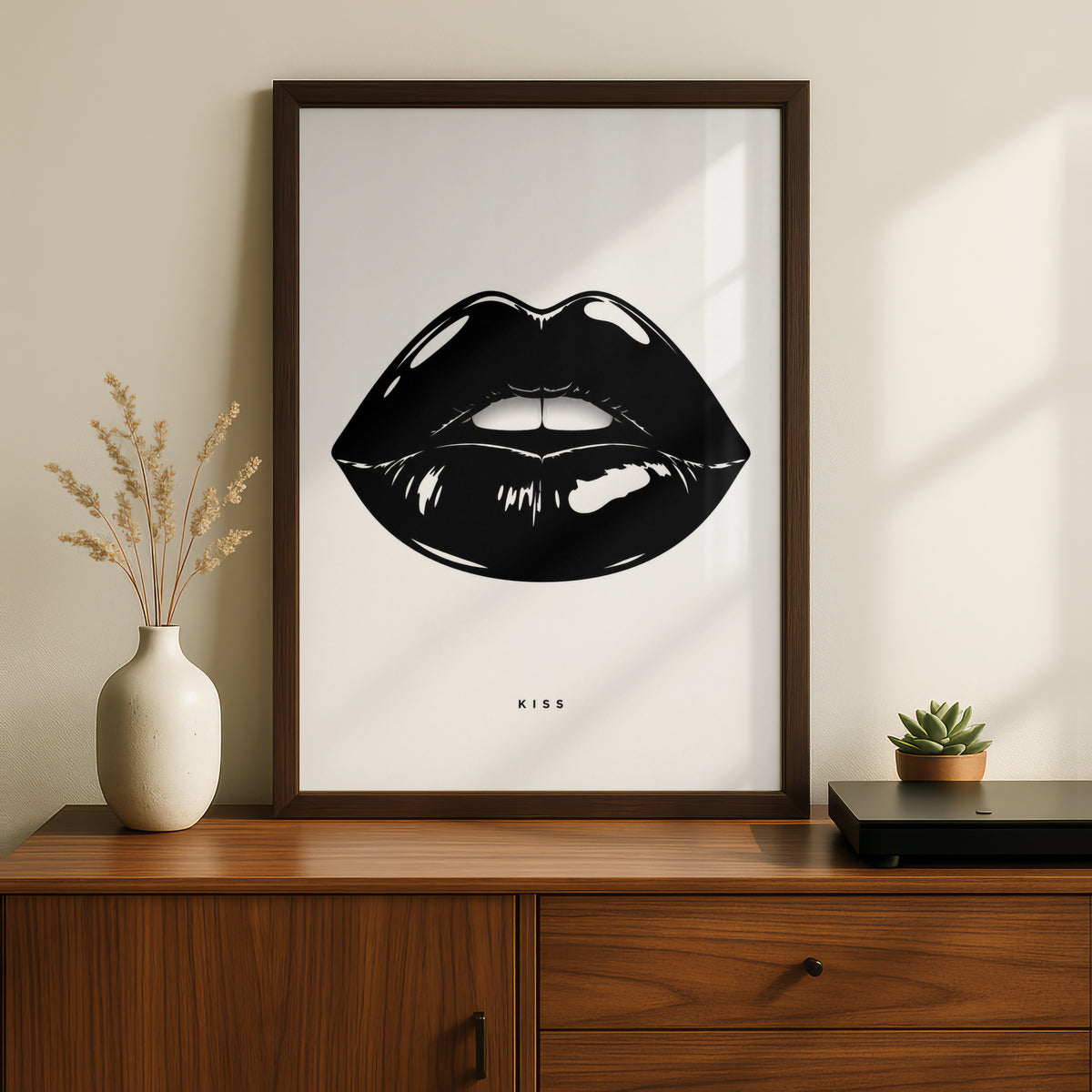 Kiss Lips Print, Monochrome Wall Art, Black and White Poster, Minimalist Lip Art