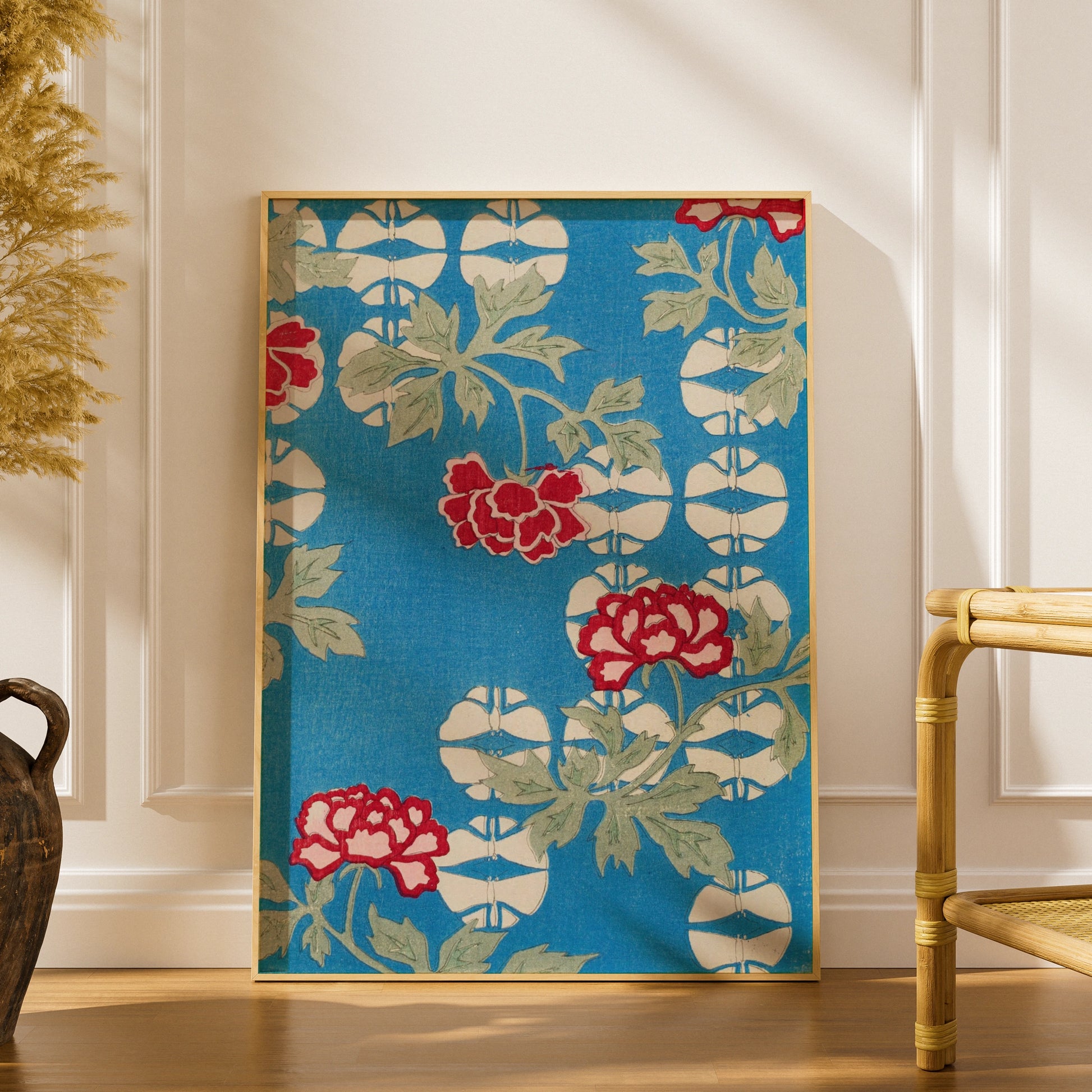 Japanese Botanical Print, Vintage Floral Woodblock Wall Art, Blue Peony Japandi Poster – A5 print