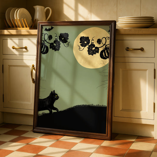 Halloween Black Cat Poster, Jack O Lantern Full Moon Wall Art, Spooky Pumpkin Print