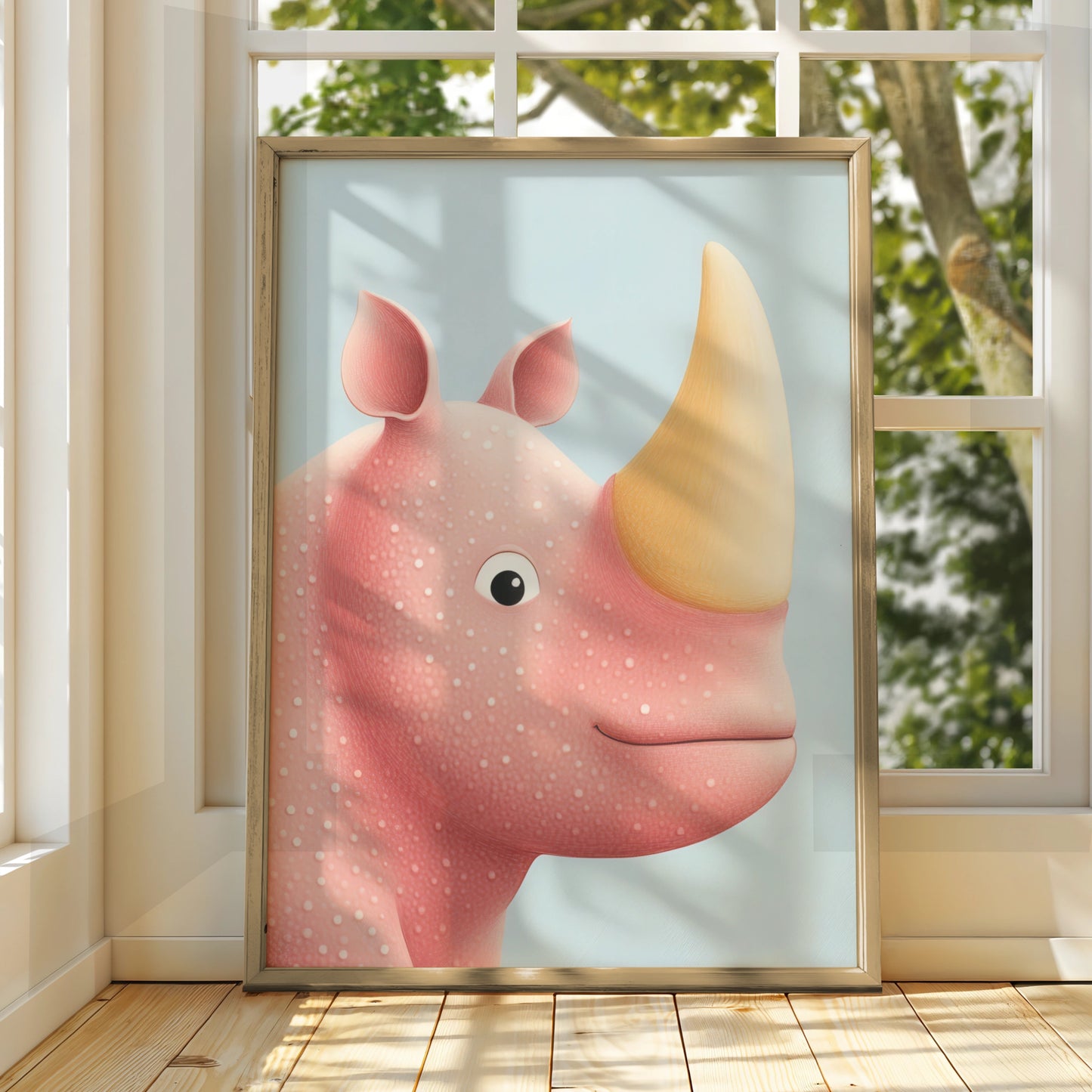 Cute Rhino Nursery Wall Art, Baby Animal Poster, Pink Rhinoceros Print for Kids Room