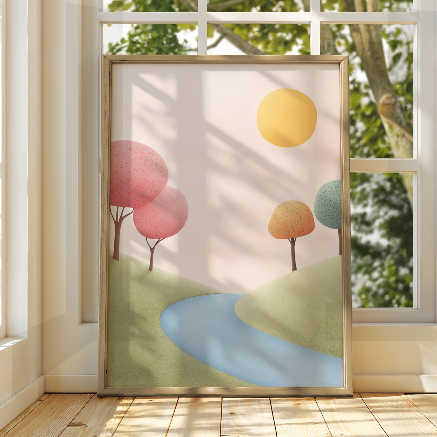 Nursery Wall Art Pastel Landscape Print, Colourful Trees River Sun Kids Room Poster