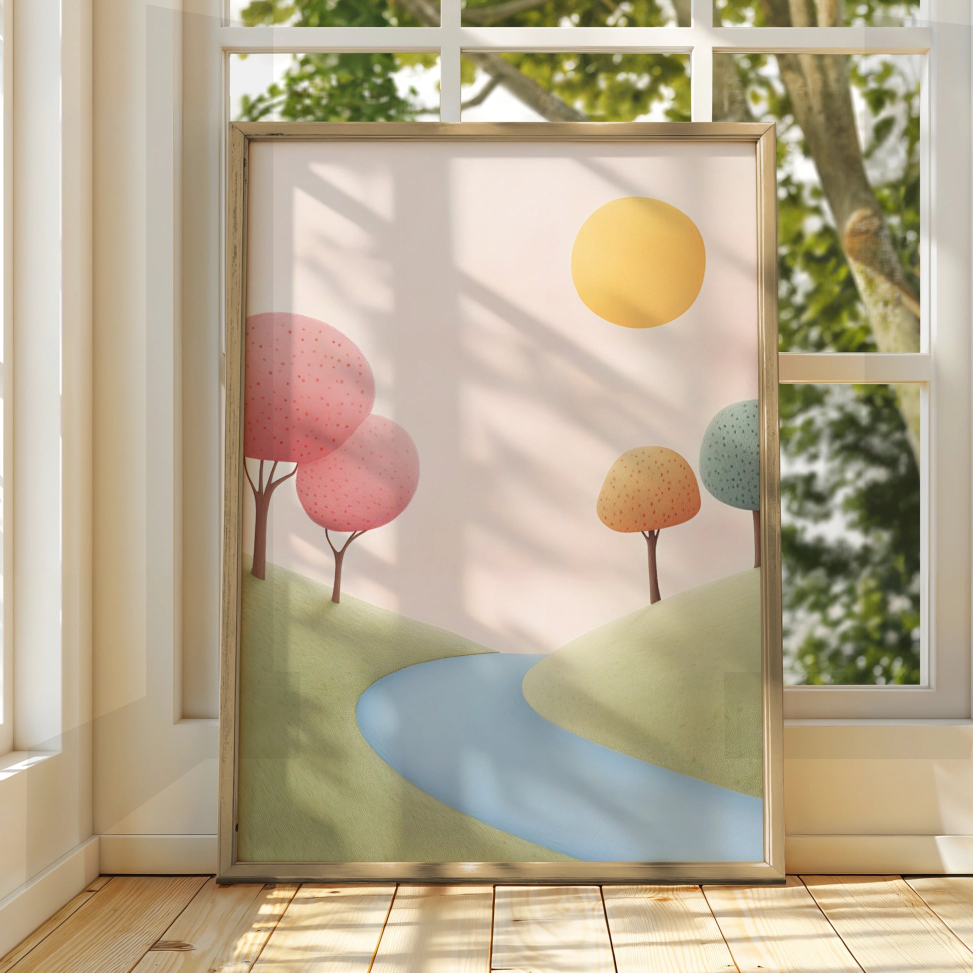 Nursery Wall Art Pastel Landscape Print, Colourful Trees River Sun Kids Room Poster