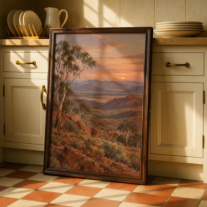 Australian Outback Sunset Print, Red Earth Landscape, Eucalyptus Wall Art, Painted Style