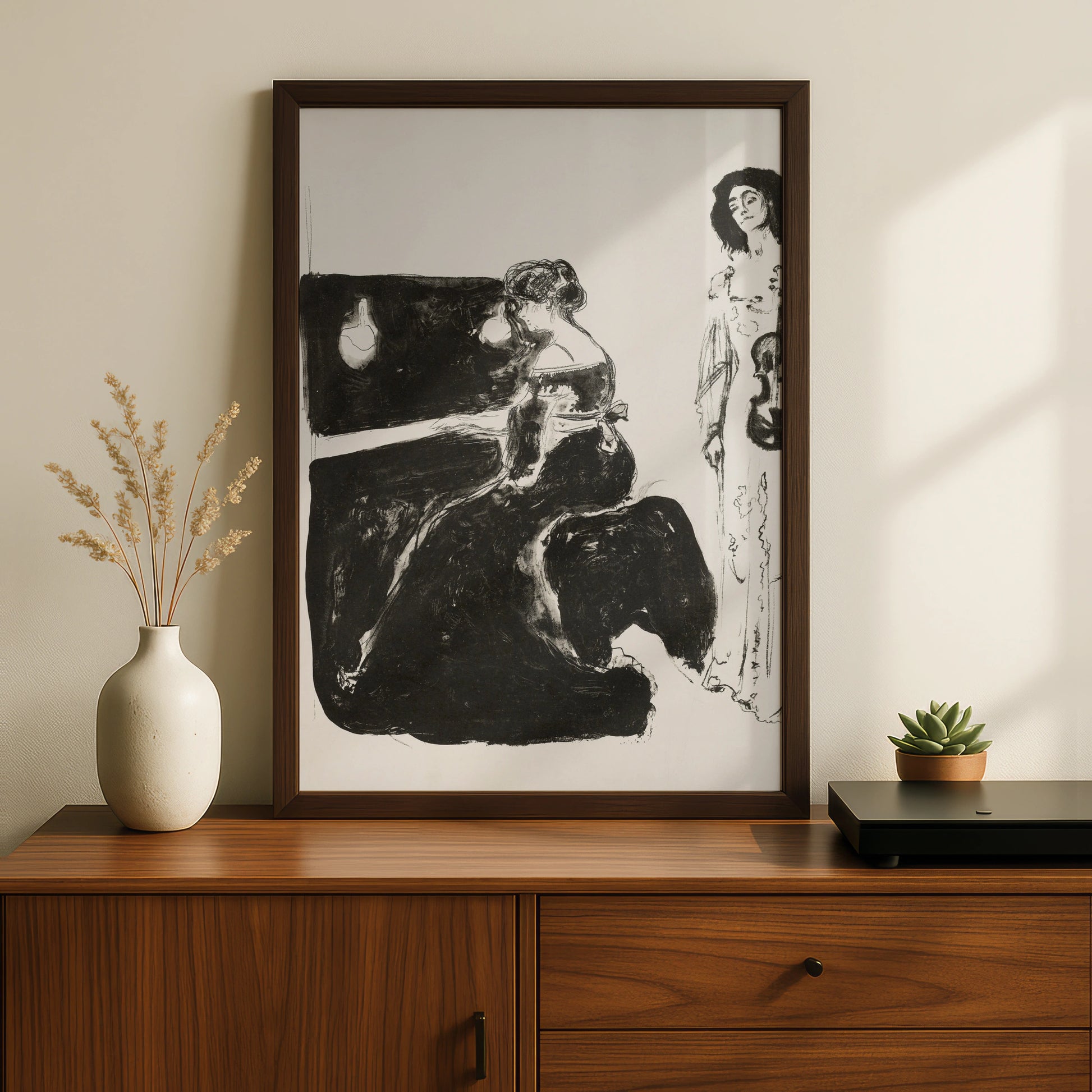 Halloween Gothic Women Music Art Print, Dark Piano Violin Wall Poster, Spooky Black White Decor
