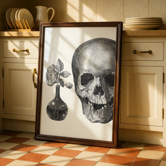Skull and Rose Halloween Wall Art, Gothic Black White Vanitas Poster, Dark Floral Print