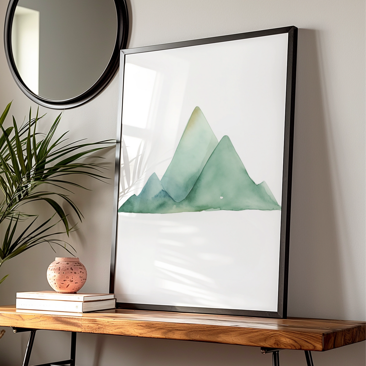 Watercolour Mountain Nursery Wall Art, Green Sage Nature Print, Baby Room Poster