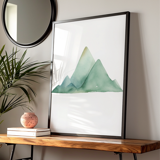 Watercolour Mountain Nursery Wall Art, Green Sage Nature Print, Baby Room Poster