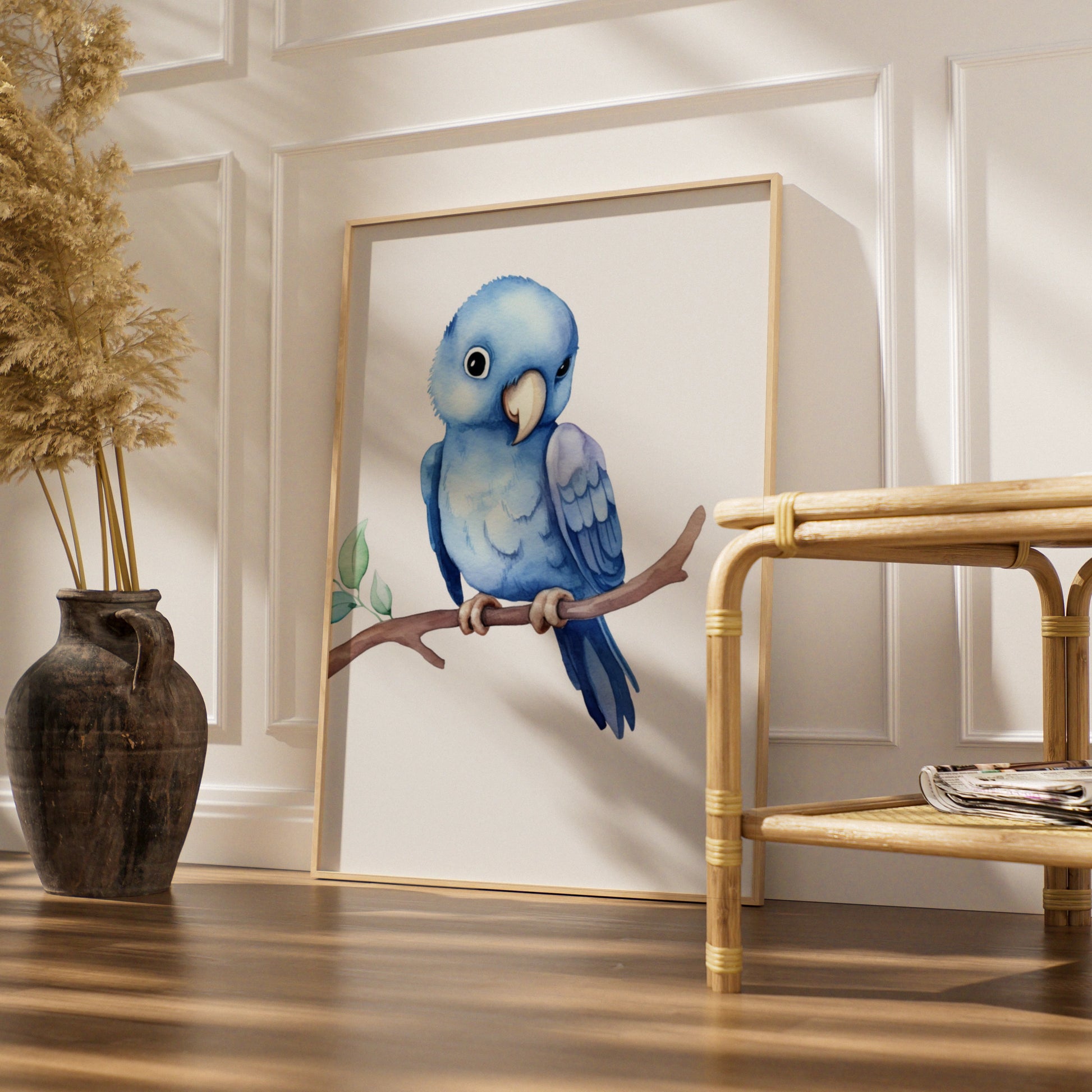 Blue Parrot Nursery Wall Art, Watercolour Bird Print, Baby Boy Room Poster Decor