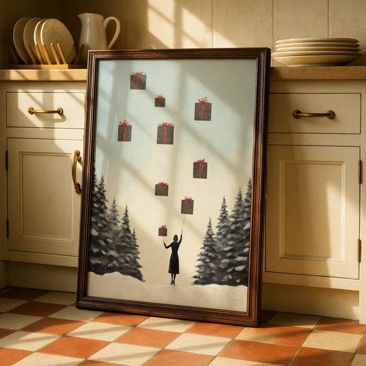 Christmas Poster, Floating Gifts Winter Wall Art, Festive Snowy Scene, Minimalist Xmas Print