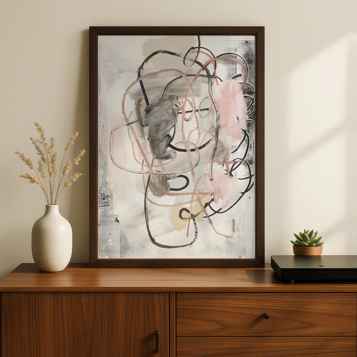 Abstract Line Art Print, Pink Grey Modern Wall Art, Contemporary Monochrome Poster, Gallery Wall