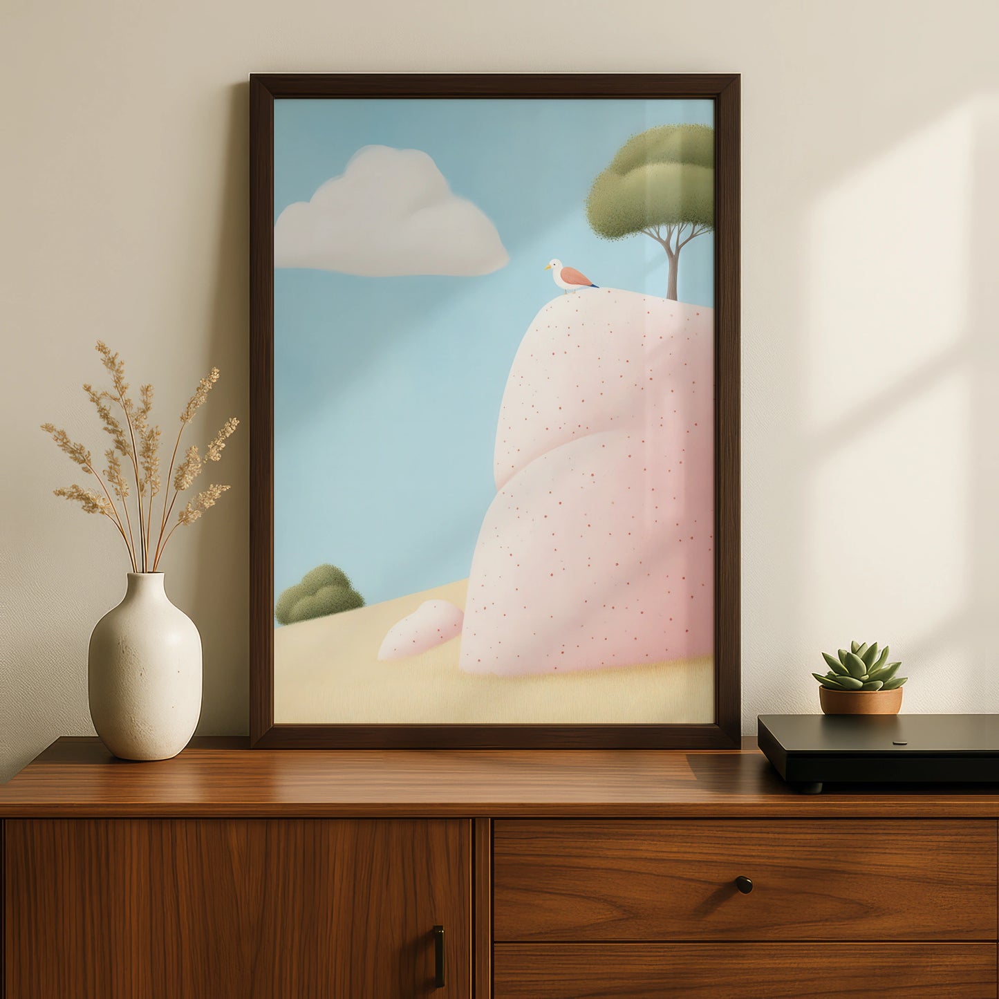 Bird on Pink Rock Nursery Wall Art, Whimsical Nature Print, Pastel Baby Room Poster