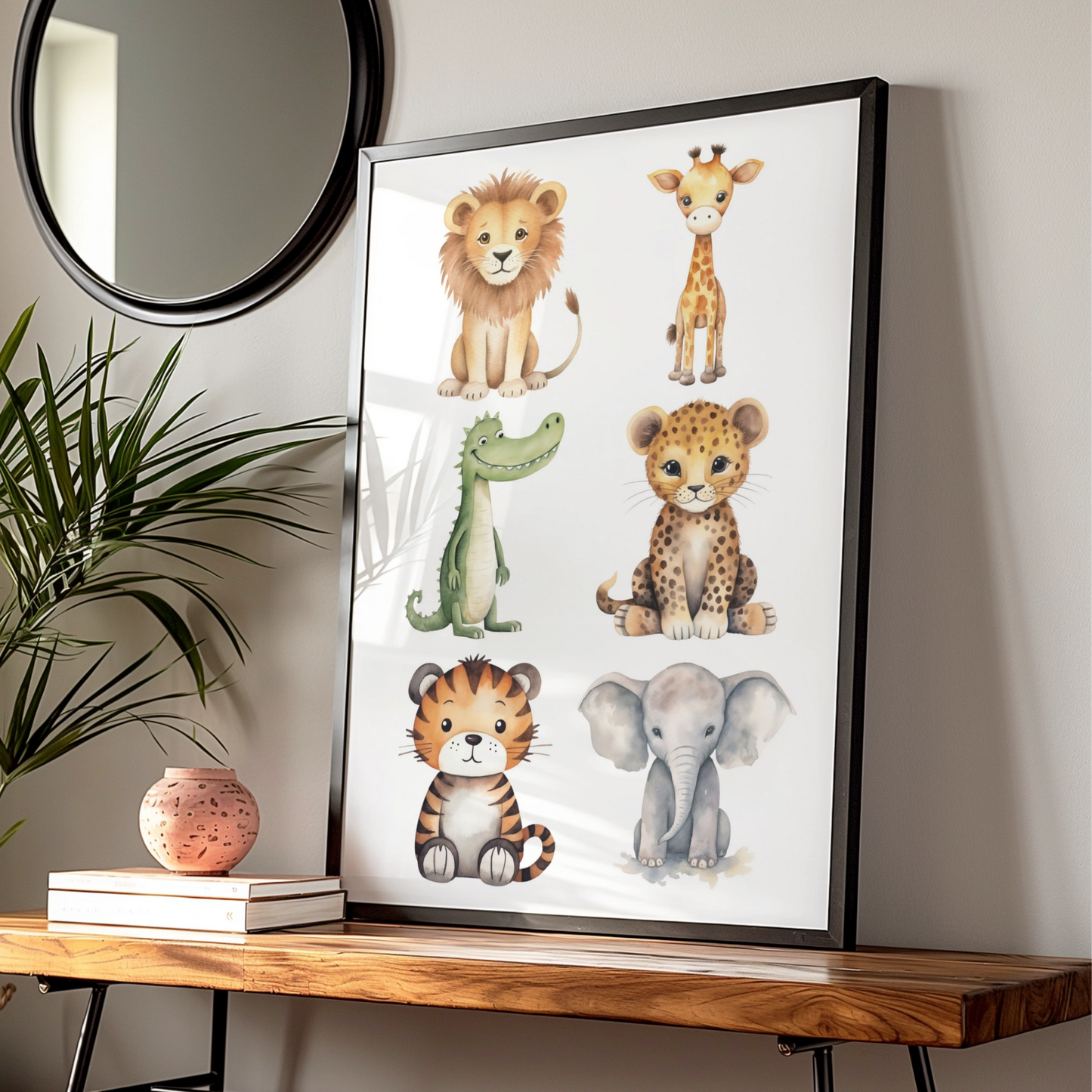 Safari Nursery Wall Art, Cute Baby Animals Poster, Lion Elephant Giraffe Tiger Kids Room Print
