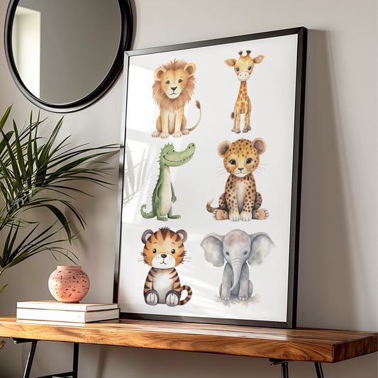 Safari Nursery Wall Art, Cute Baby Animals Poster, Lion Elephant Giraffe Tiger Kids Room Print
