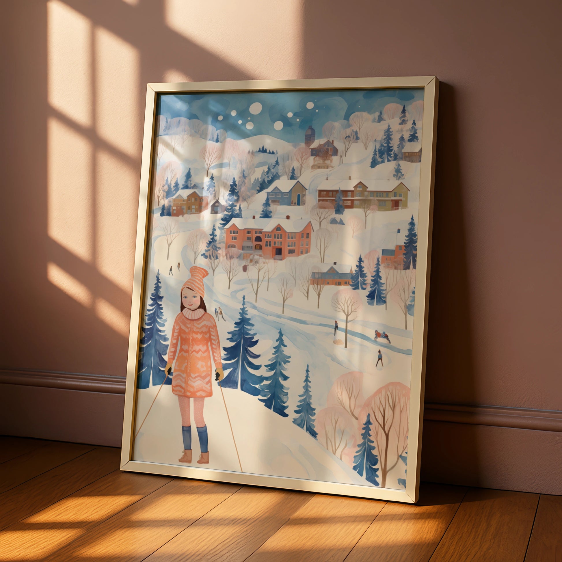 Christmas Winter Village Poster, Ski Girl Snow Scene, Festive Wall Art, Blue Pink Nordic Print
