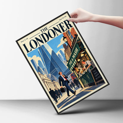 London Poster, Vintage Magazine Cover Wall Art, City Skyline Pie and Mash Art Print, Living Room