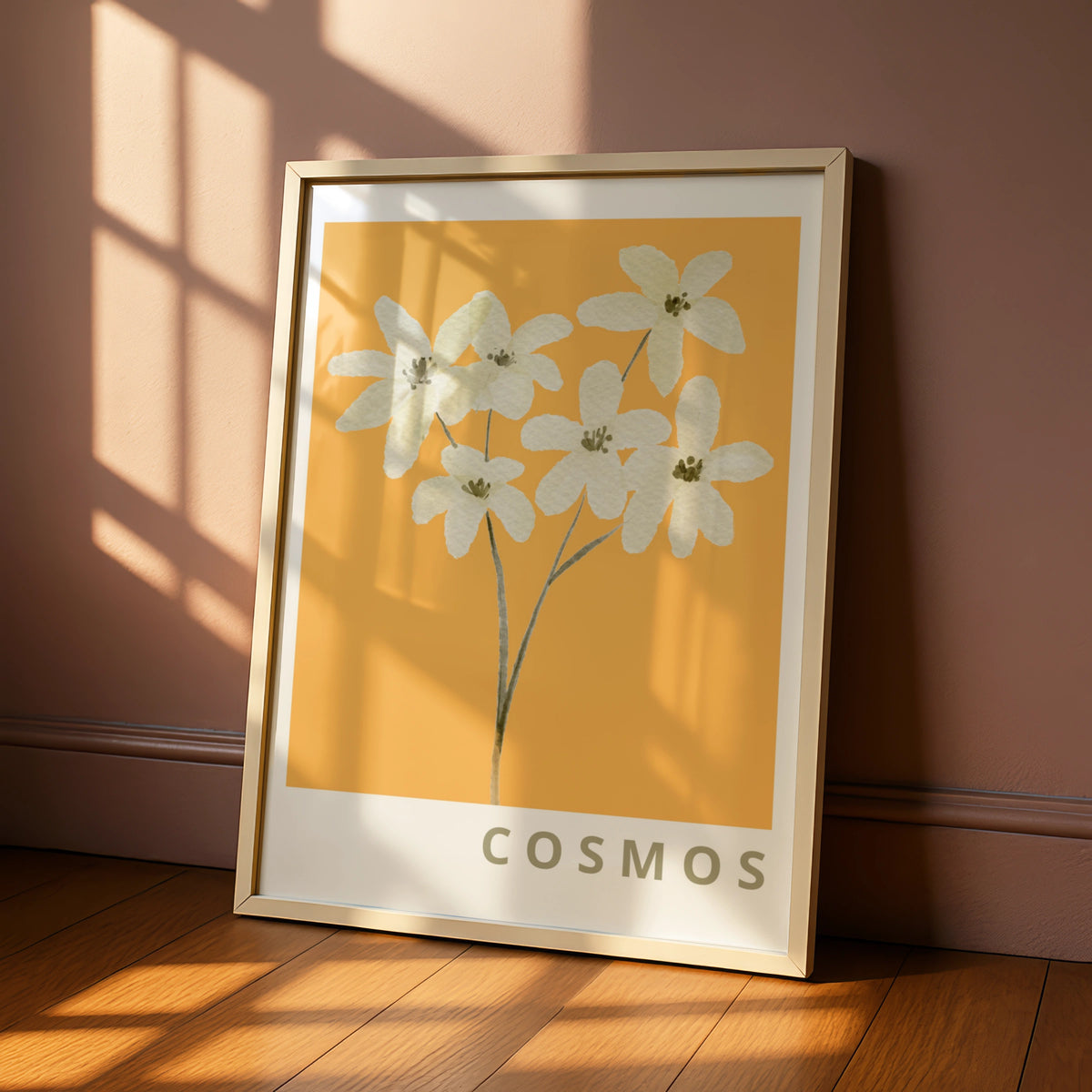Cosmos Flower Botanical Poster, White Floral Wall Art, Mustard Yellow Modern Print
