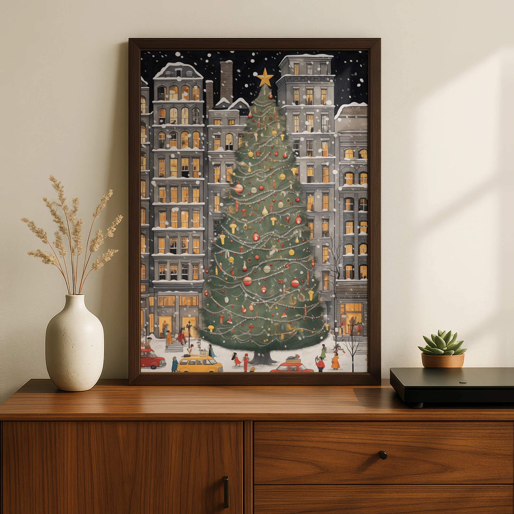 Christmas Tree City Poster, Festive Winter Snow Scene, Holiday Wall Art Print