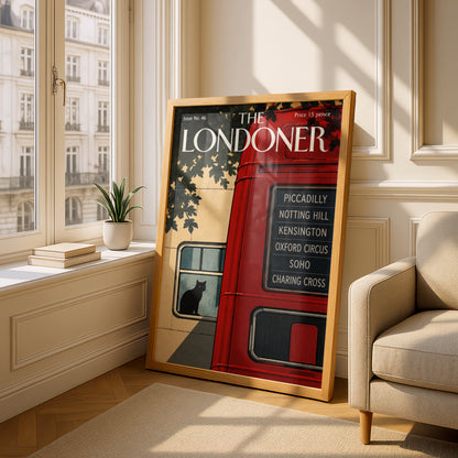 London Bus Poster, Black Cat Wall Art, Vintage Magazine Cover Art Print, Red Bus Piccadilly