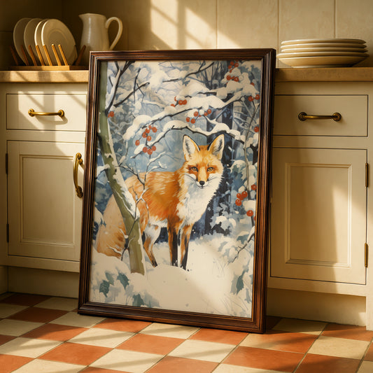 Christmas Fox Poster, Winter Snow Forest Wall Art, Red Fox Print, Festive Wildlife Decor