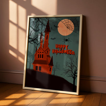 Happy Halloween Haunted House Poster, Spooky Castle Full Moon Bat Spider Wall Art