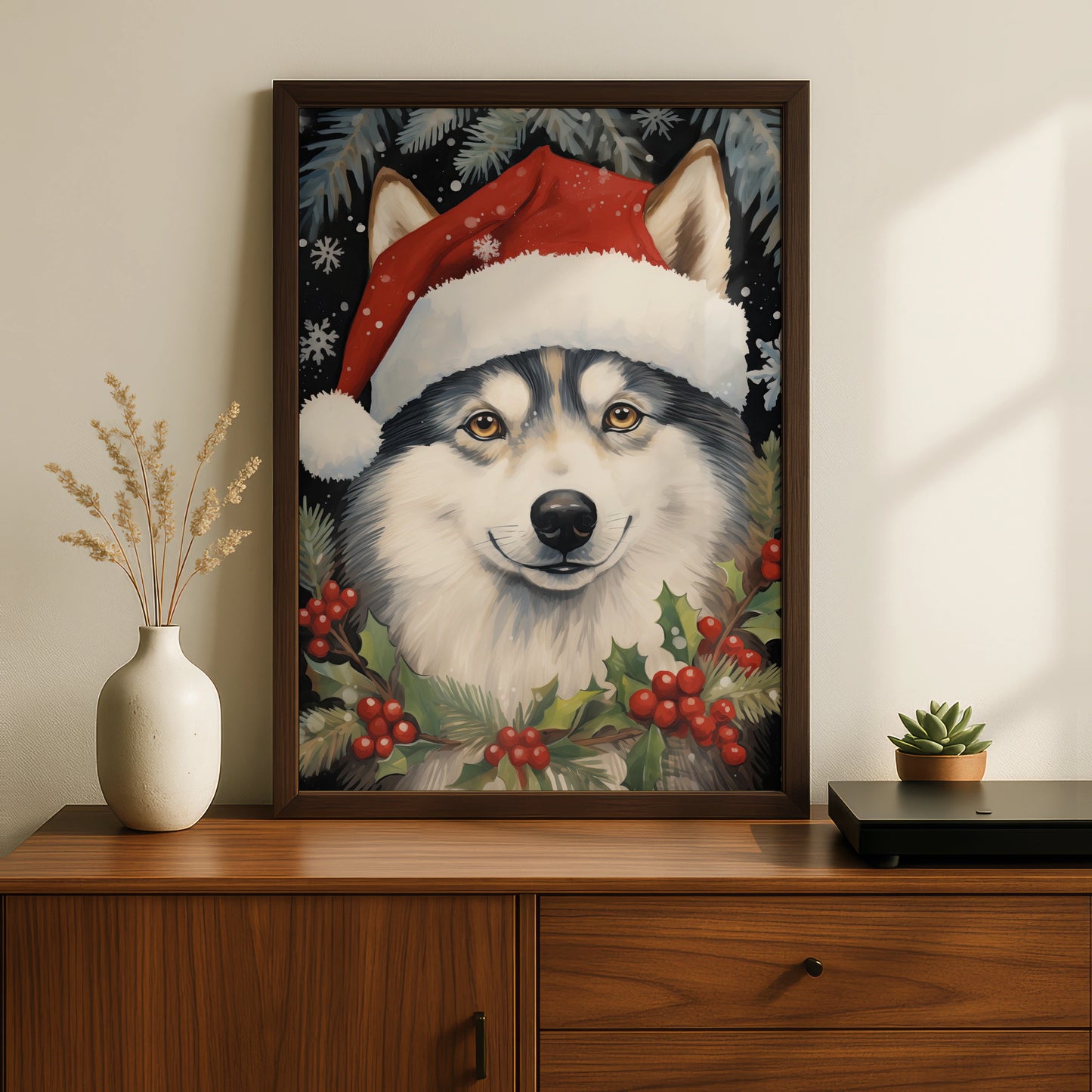 Christmas Husky Poster, Santa Hat Dog Wall Art, Festive Husky Print, Holiday Animal Decor