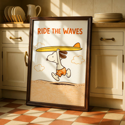 Surfing Dog Cartoon Poster, Ride The Waves Funny Beach Print, Quirky Wall Art