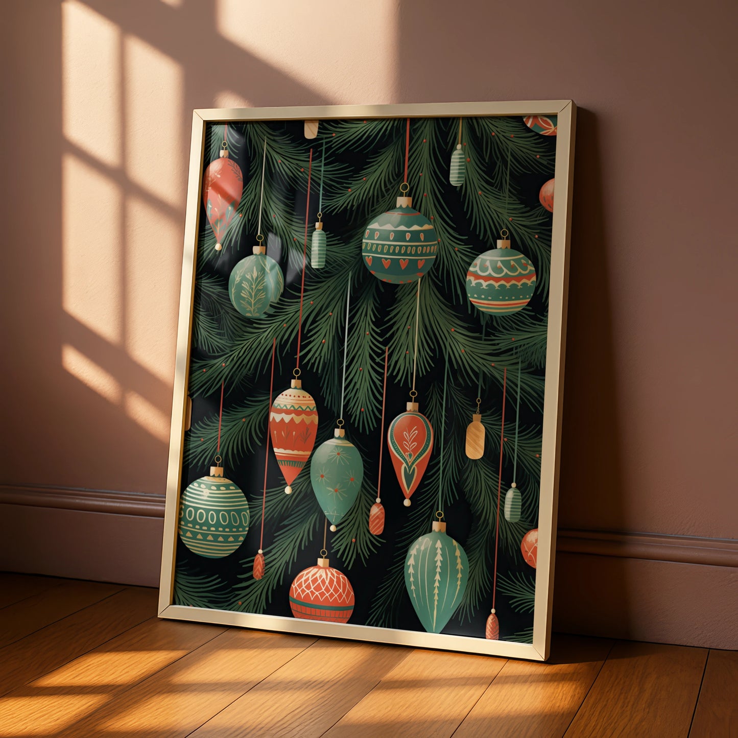 Christmas Baubles Poster, Festive Ornaments Wall Art, Retro Xmas Tree Print, Red Green