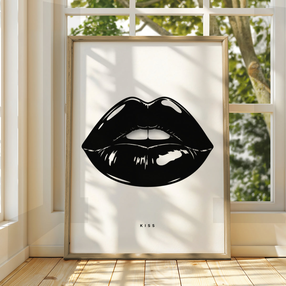 Kiss Lips Print, Monochrome Wall Art, Black and White Poster, Minimalist Lip Art